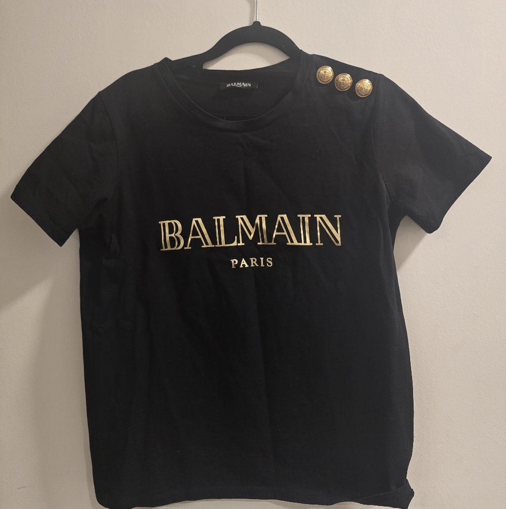 Balmain Black Tee with Gold Hardware